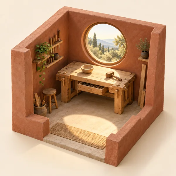 A terracotta-walled artisan workshop shown as an isometric architectural cutaway, with a joinery-style wooden workbench, open tool drawer, mallet and…