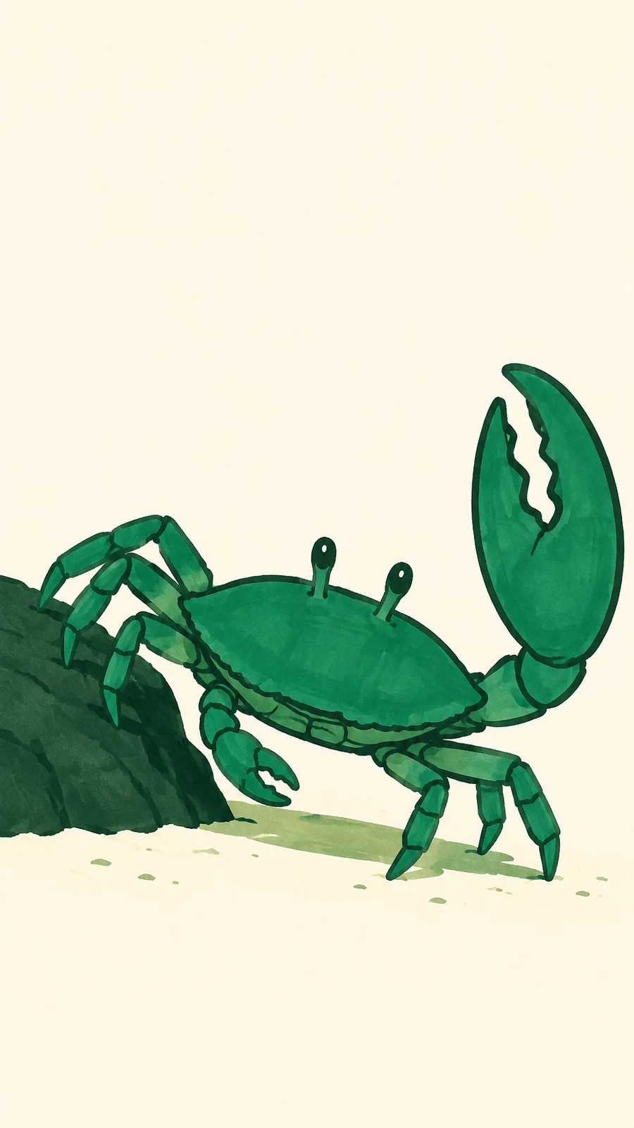 A large green crab with one raised oversized claw steps from a dark green rock onto pale ivory sand, with open space above.