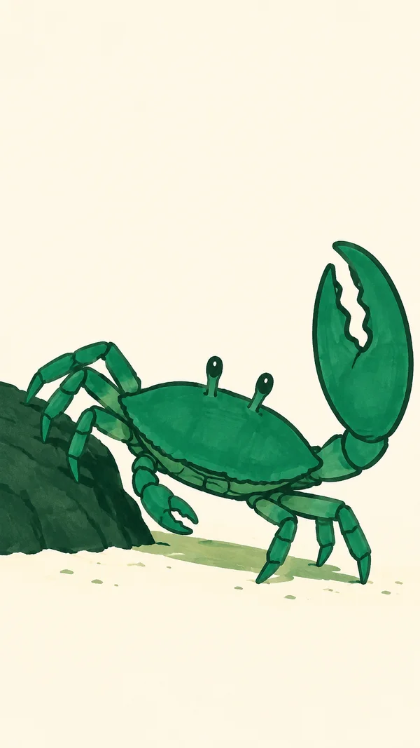 A large green crab with one raised oversized claw steps from a dark green rock onto pale ivory sand, with open space above.