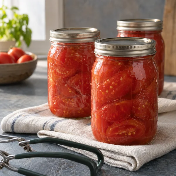 Three glass jars with metal lids are filled with red tomatoes and juice on a folded ivory towel over a blue-gray stone surface.
