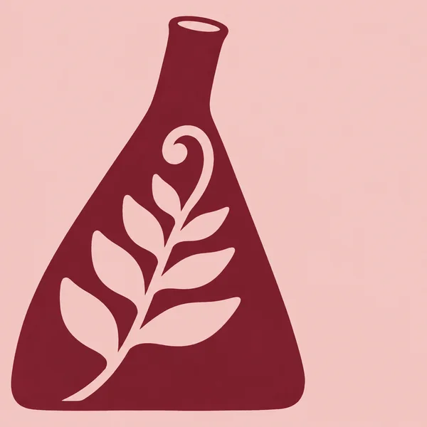 A large burgundy laboratory flask with a pale-blush fern cutout stands against a blush background, leaving open space on the right.