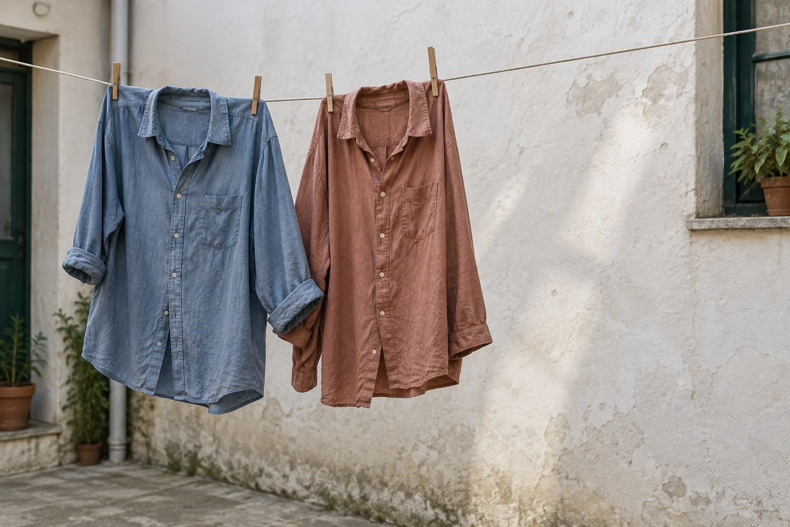 A faded blue button-up shirt and a muted terracotta shirt hang from wooden pegs on a line against an off-white courtyard wall, with potted plants and windows…