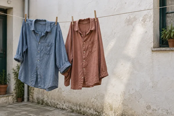 A faded blue button-up shirt and a muted terracotta shirt hang from wooden pegs on a line against an off-white courtyard wall, with potted plants and windows…