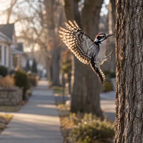 A black-and-white woodpecker with a red crown hangs in midair beside a large street-tree trunk, wings spread and one foot reaching toward the bark; a…