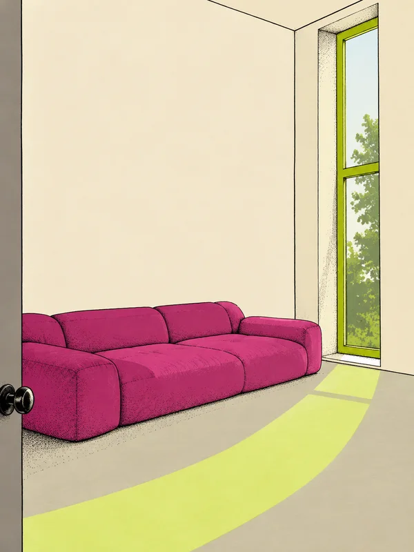 A low, wide magenta sofa sits against cream walls beside a tall lime-framed window, which casts a broad curved lime band across the bare floor.
