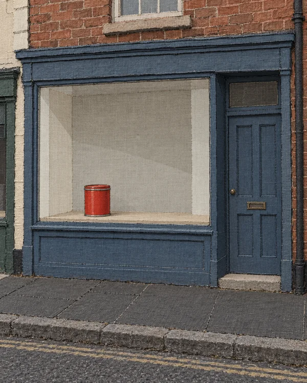 A small red cylindrical tin sits on a shelf inside the empty display window of a slate-blue shopfront, with a closed door to the right, red brick above, and…
