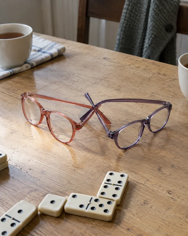 Two translucent coral and violet eyeglass frames lie with their temples crossed on a worn wooden table, above a short chain of ivory dominoes; cropped tea cups…