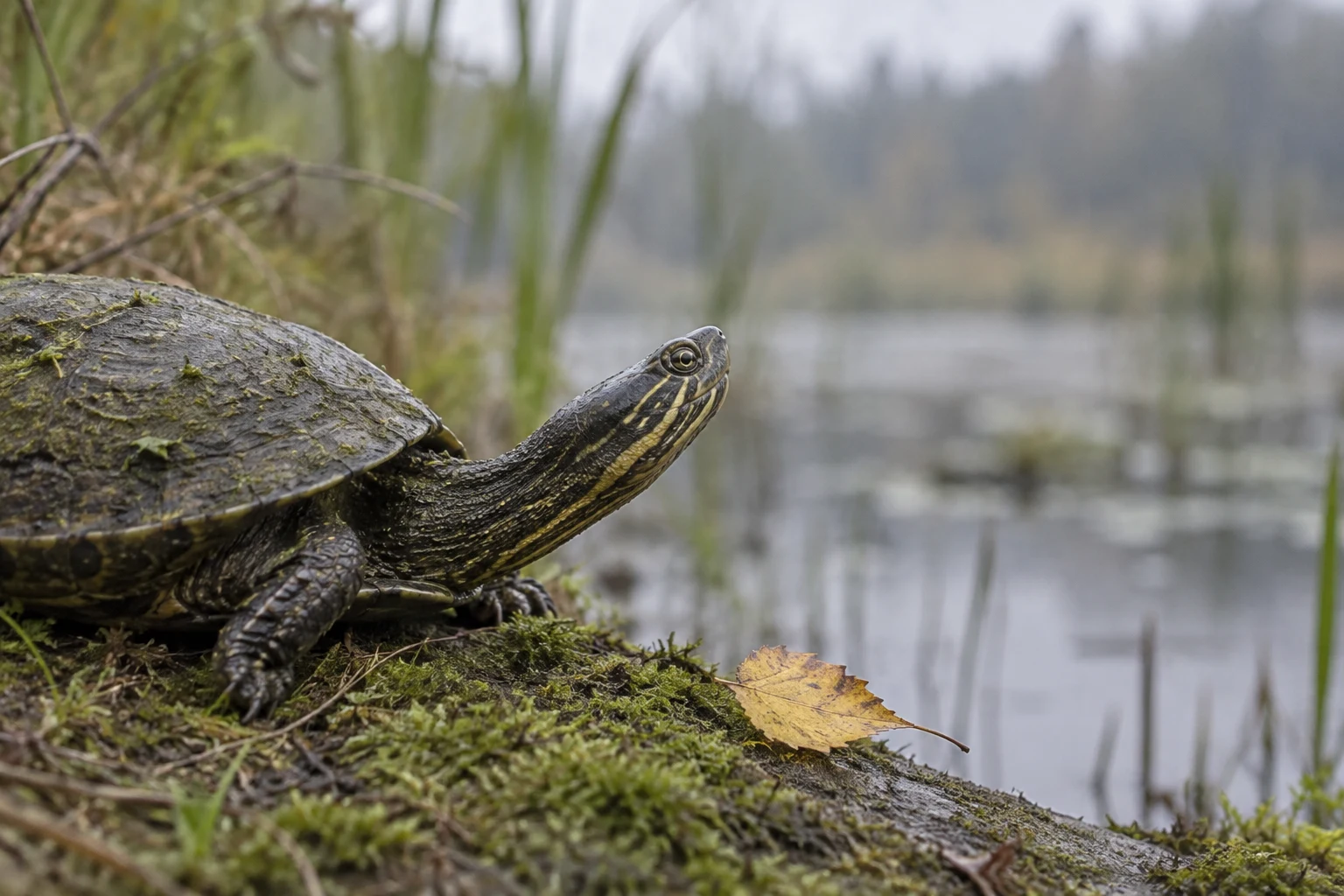 A striped-neck turtle stretches its head upward from a moss-covered bank beside a yellow fallen leaf, with blurred pond water and reeds behind it.
