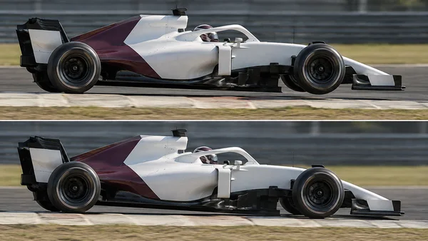 A bone-white and plum single-seat race car appears in two stacked side-profile frames on a dry circuit, with a blurred safety barrier behind it.
