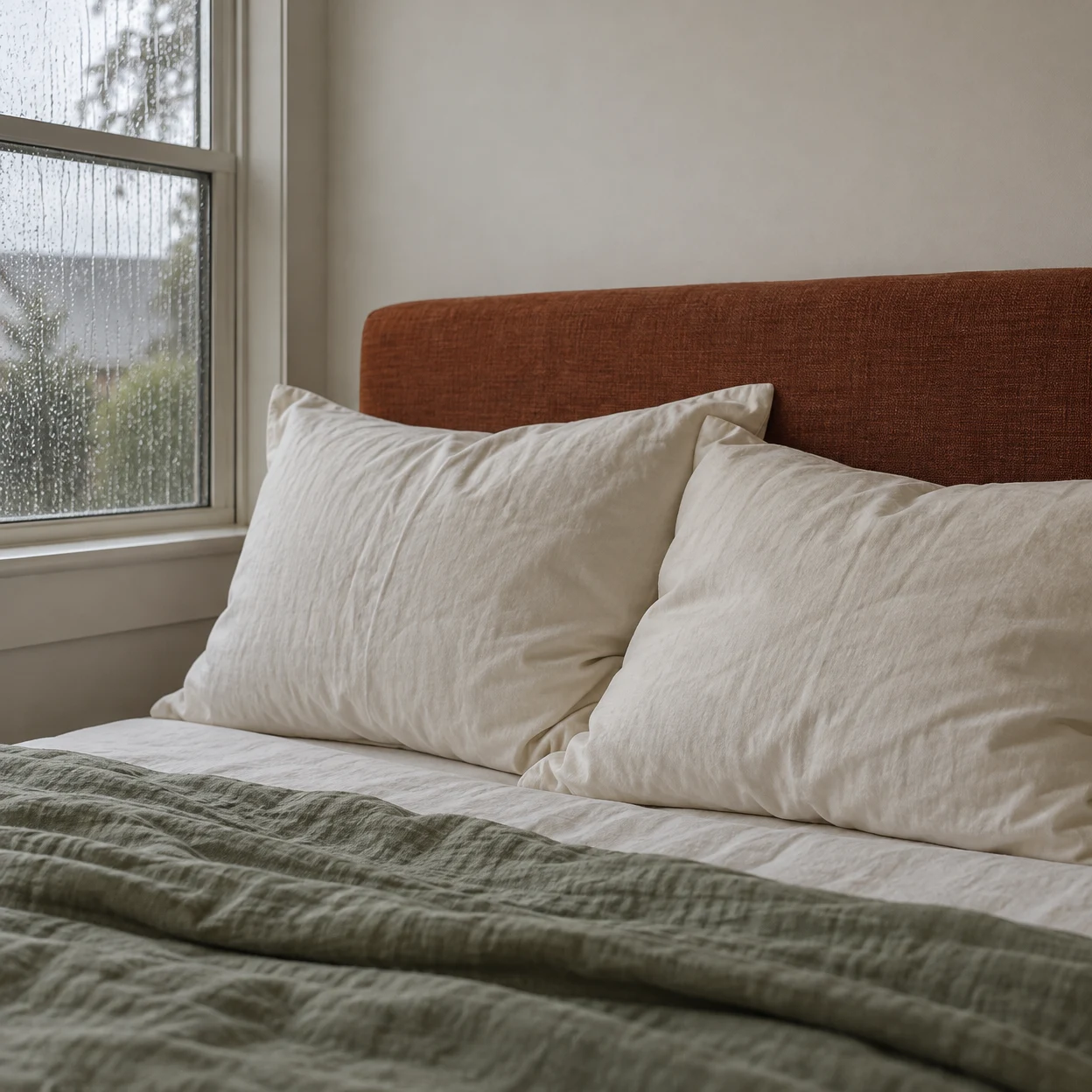 Two cream pillows lean together against a rust-coloured upholstered headboard, with a muted sage coverlet across the foreground and a rain-streaked window at…