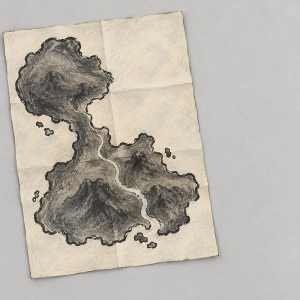 An overhead view of a warm-cream sheet on a pale grey surface, bearing a dark charcoal island with a large rounded upper-left landform, a narrow central neck…