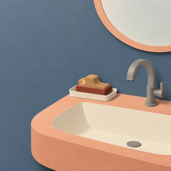 A peach washbasin with an ivory interior fills the lower-right of the image, with a curved faucet and a soap dish holding a wooden-handled sanding block with a…