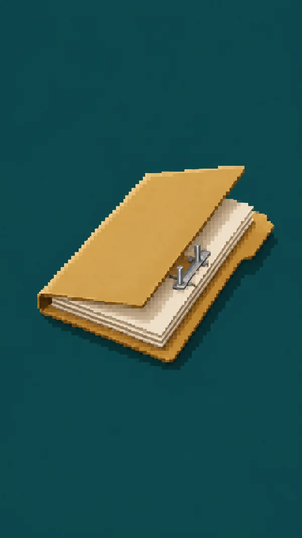 A pixelated ochre folder lies open at an angle against a dark teal background, showing a stack of ivory papers held by a small silver fastener.
