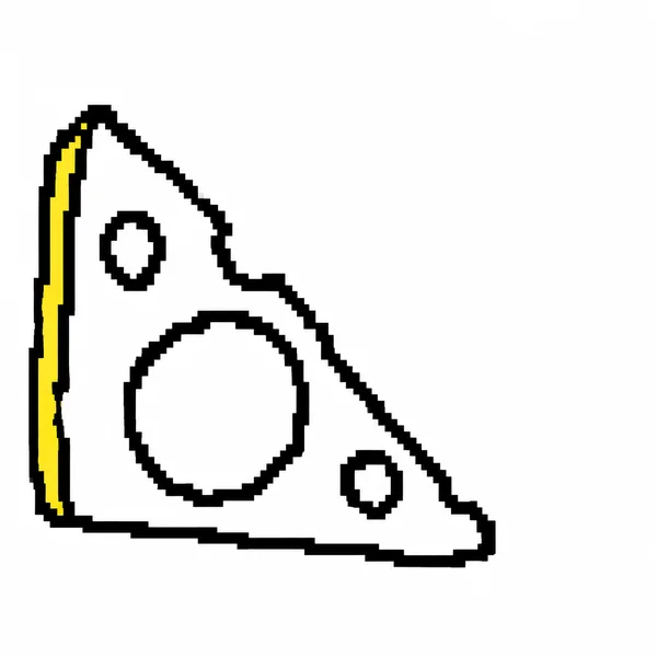 A white cheese wedge with three black-outlined holes, drawn in chunky black pixel-like strokes.