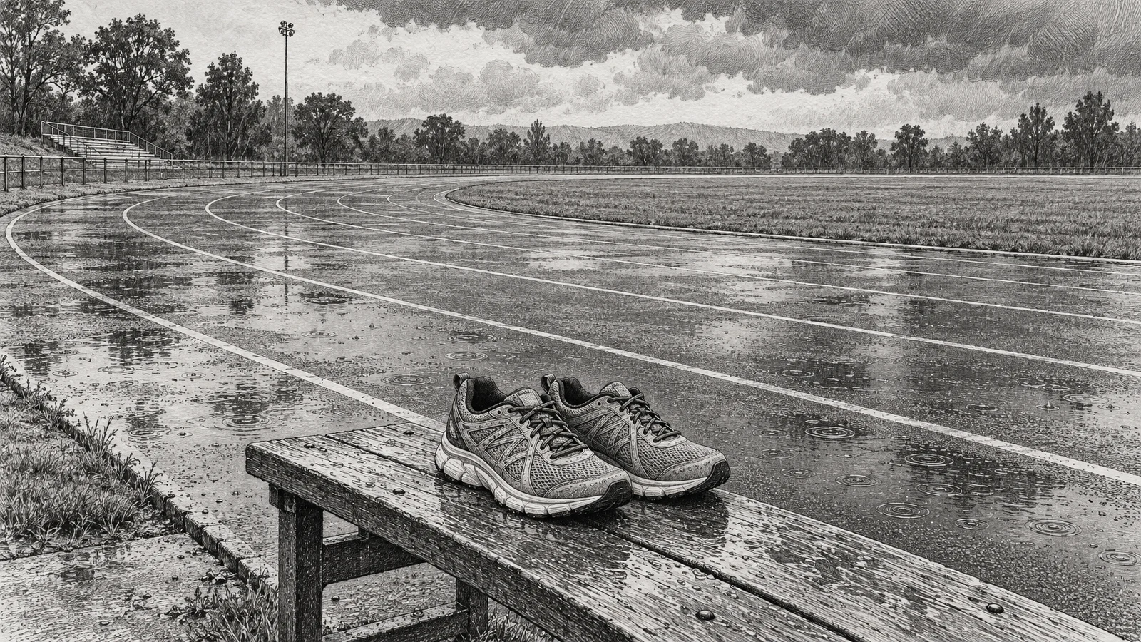A pair of technical running shoes rests on a weathered wooden bench beside a curved outdoor track marked with pale lane lines.