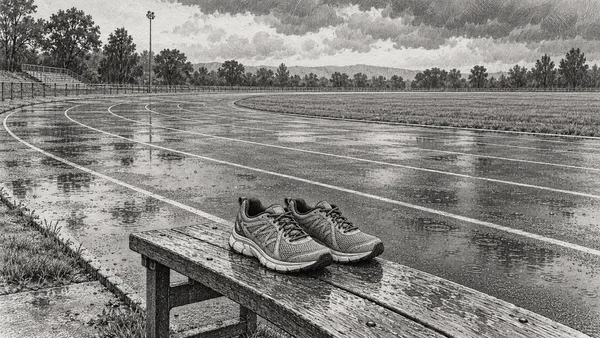 A pair of technical running shoes rests on a weathered wooden bench beside a curved outdoor track marked with pale lane lines.