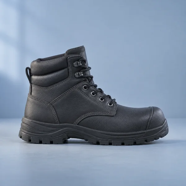 A charcoal leather work boot in side profile, toe pointing right, on a pale blue-gray surface against a matching softly lit backdrop.
