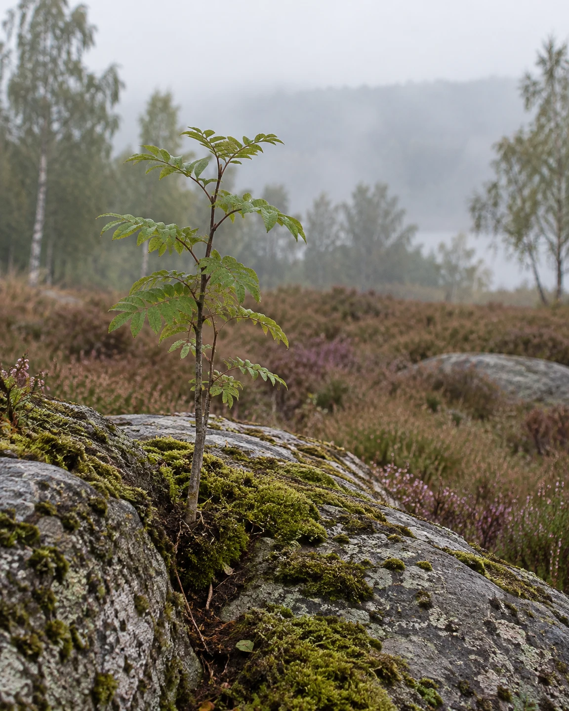 A leafy sapling grows from a mossy crack in a broad grey rock outcrop, with muted heather and soft-focus birch trees in the misty background.