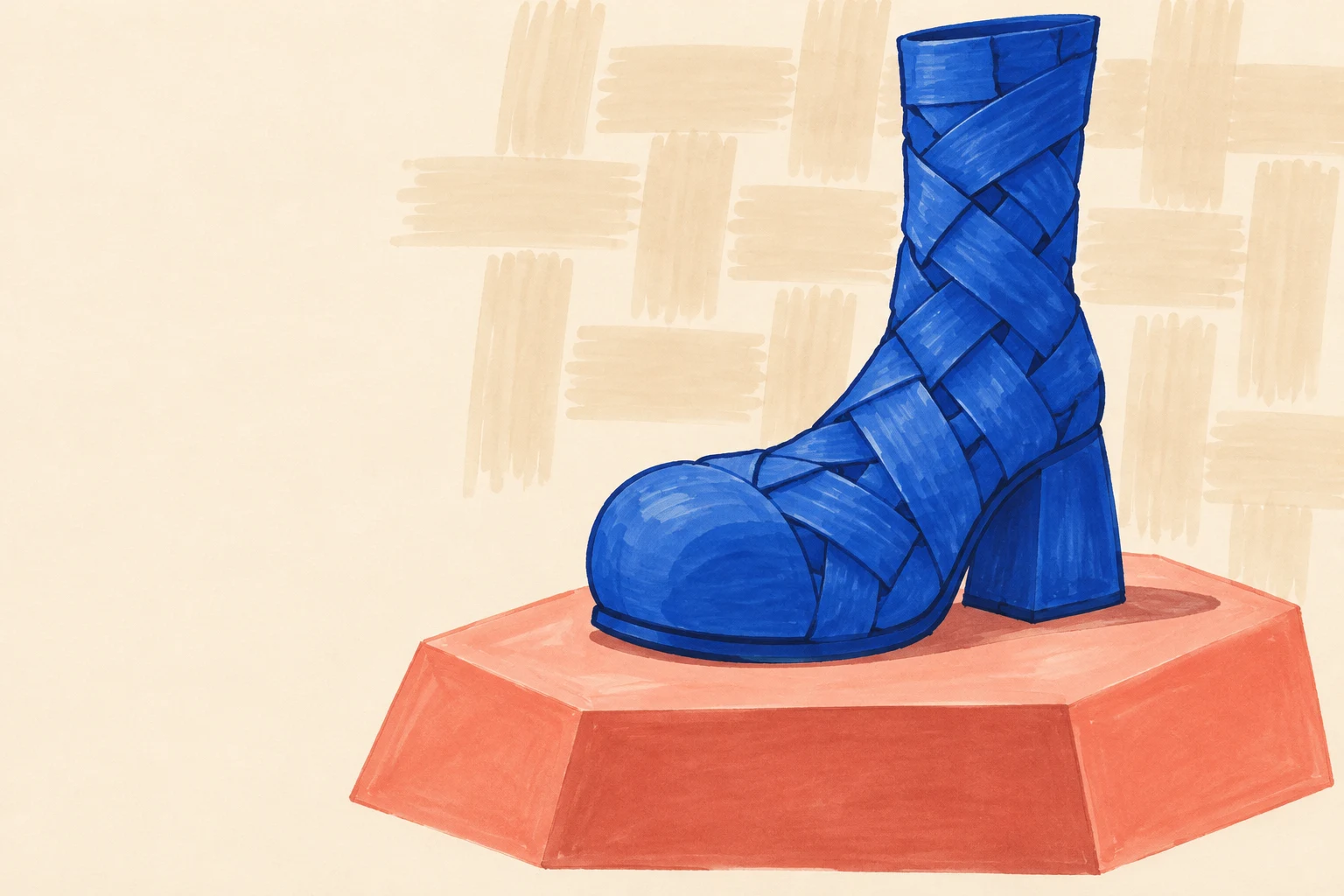 A cobalt-blue woven ankle boot with a tall shaft and oversized rounded toe stands on a broad coral faceted plinth against a warm cream background with pale…