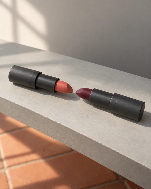 Two uncapped charcoal cylindrical lipsticks lie diagonally on a pale-grey shelf, their coral and deep-plum bullets facing one another with a small gap; warm…