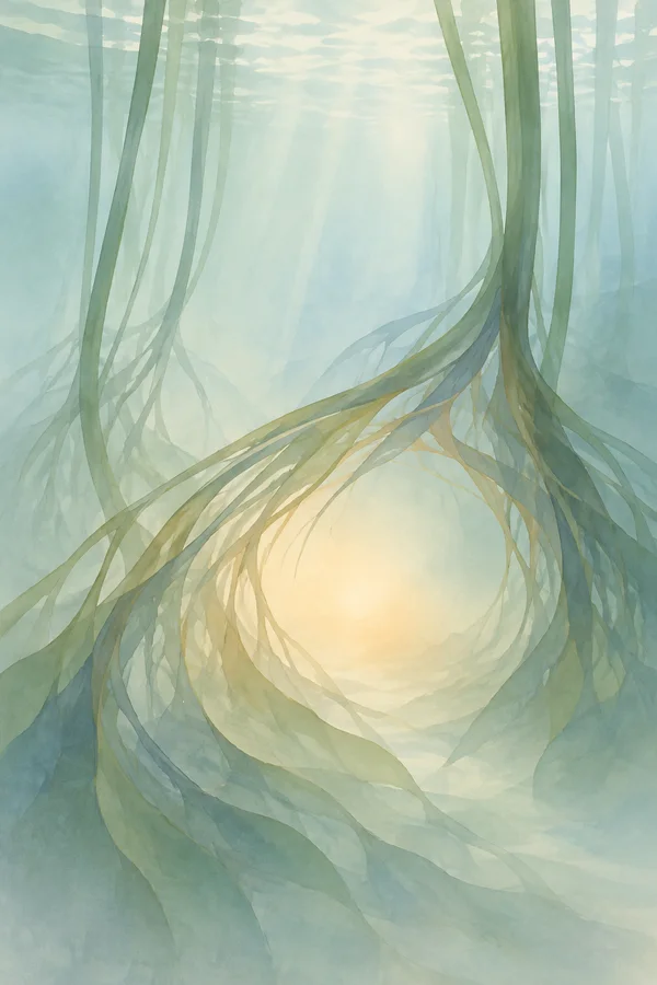 An abstract underwater illustration of translucent green reed stems and sweeping root-like planes surrounding a pale apricot-lit opening, with soft blue-green…