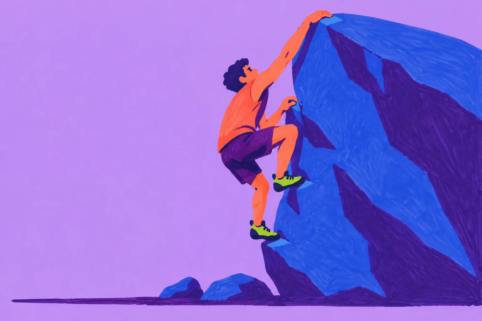 A coral-clad climber with dark hair reaches over the top of a large cobalt boulder, with lime shoes planted on its ledges.