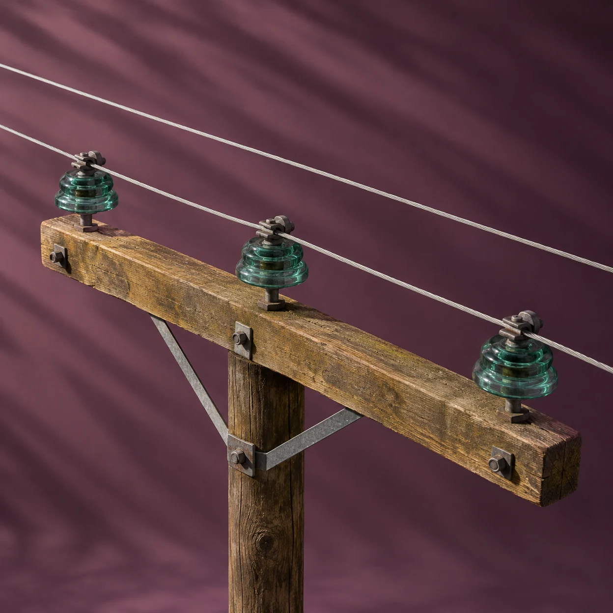 A weathered wooden utility crossarm on a short pole section carries three green glass insulators and metal fittings against a plum backdrop crossed by broad…