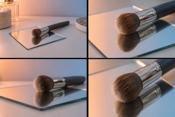 A four-panel photographic contact sheet shows a charcoal-handled makeup brush with a silver ferrule resting diagonally on a small mirror, with its brown…