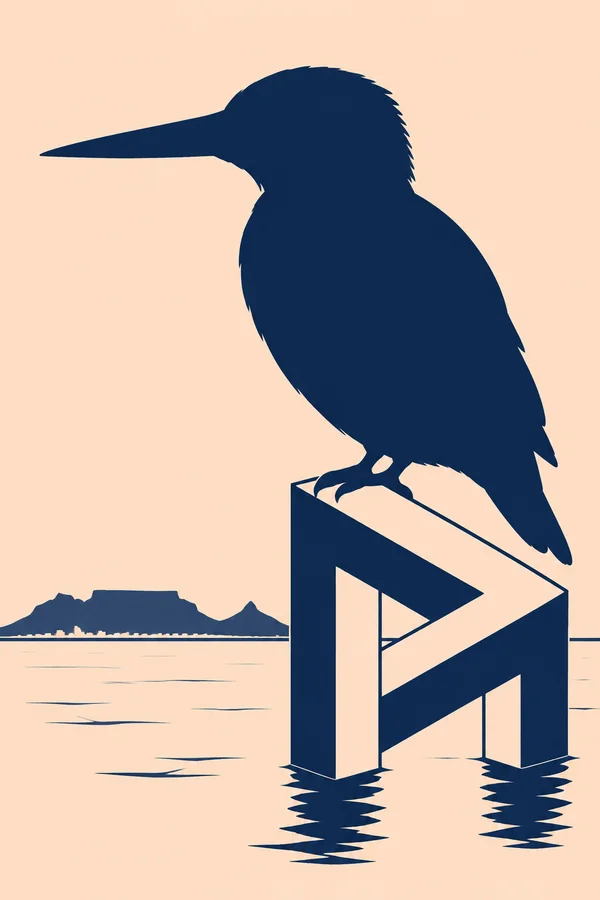 A large dark indigo bird silhouette with a long left-pointing bill perches on an angular triangular structure above peach-colored harbour water, with a distant…
