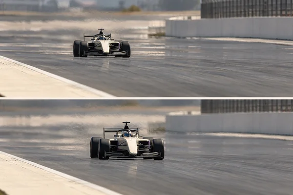 A white open-wheel race car with dark slick tyres and subtle purple accents approaches on a sunlit test straight, shown in two stacked views with heat shimmer…