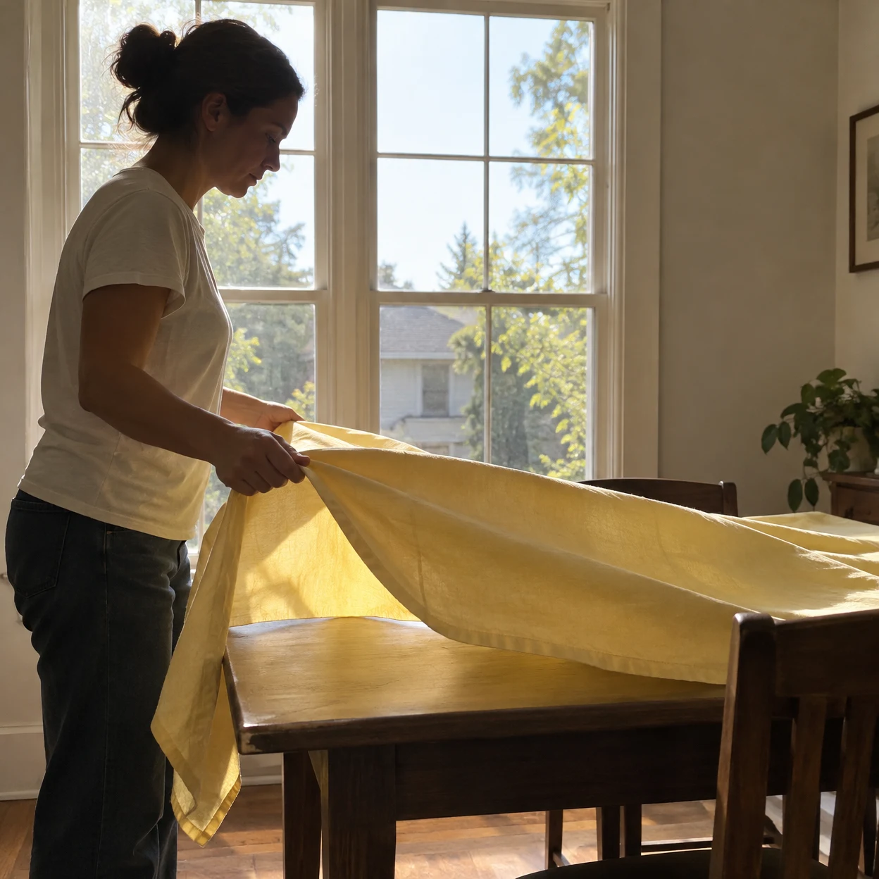A woman in side profile looks down while spreading a butter-yellow cloth over a wooden dining table in front of a bright multi-pane window.
