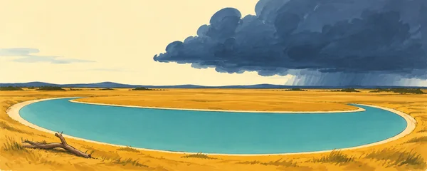 A broad turquoise oxbow lake curves through a golden floodplain beneath a large ink-blue storm cloud, with a piece of driftwood on the near bank and low hills…