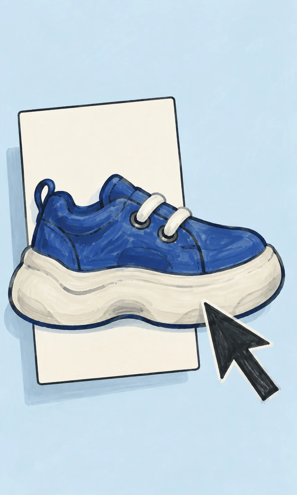 A wide cobalt-blue sneaker with a thick ivory sole extends beyond a tilted ivory product card on a pale blue background.