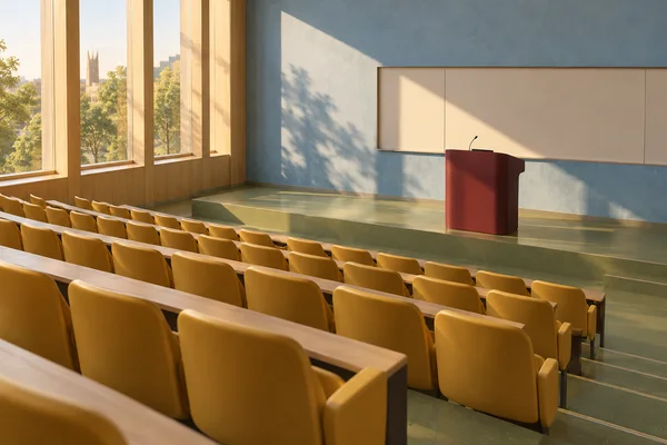 An empty lecture hall with rows of mustard-colored seats and pale wood desks facing a burgundy lectern on a raised platform.