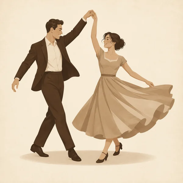 A man in a dark suit and a woman in a flowing tan skirt dance with their joined hands raised overhead against a warm ivory background.