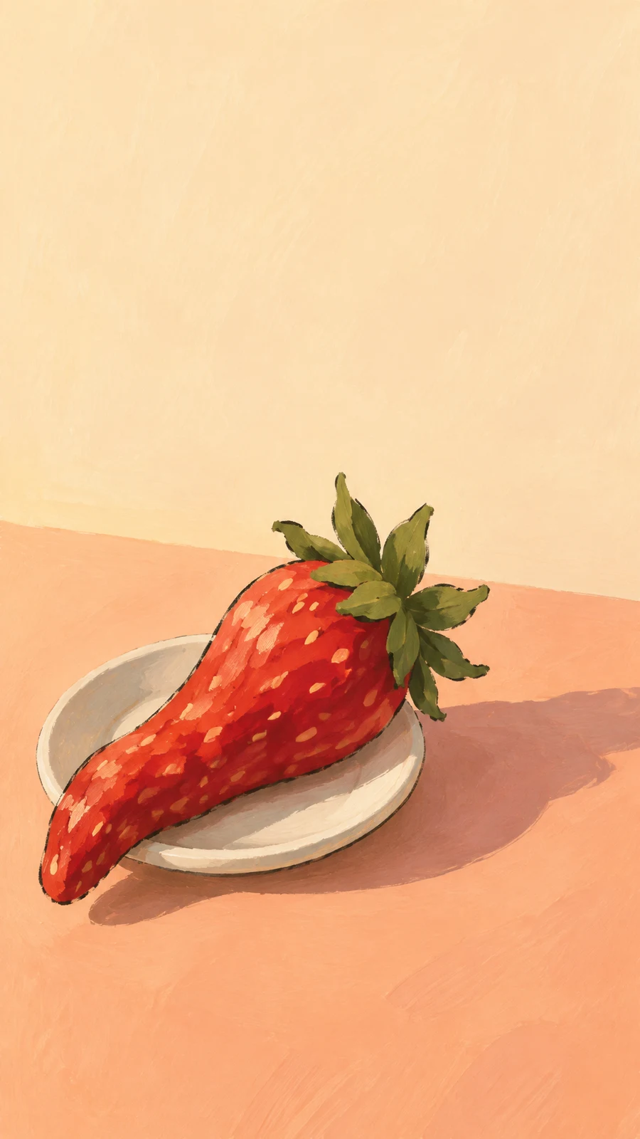 A comically elongated red strawberry with a broad green leafy crown lies diagonally across a small ivory saucer on a peach tabletop, with a long shadow cast to…