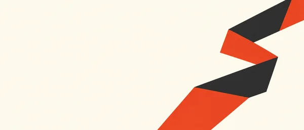 A large angular ribbon of alternating vermilion and charcoal planes zigzags diagonally across the right side of a warm ivory background, with open space on the…