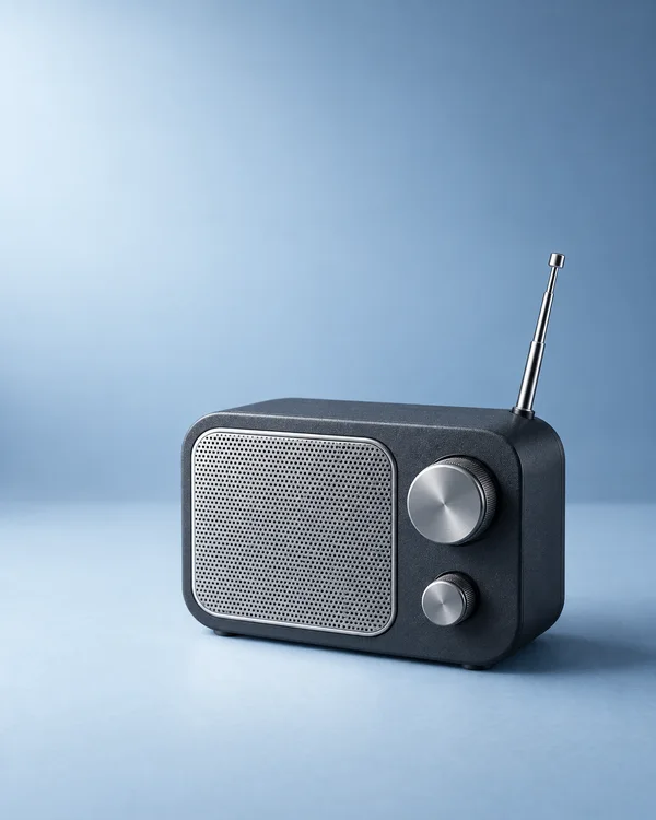 A charcoal portable radio with a silver perforated speaker grille, two metal knobs and an extended telescopic antenna sits on a pale ice-blue surface against a…