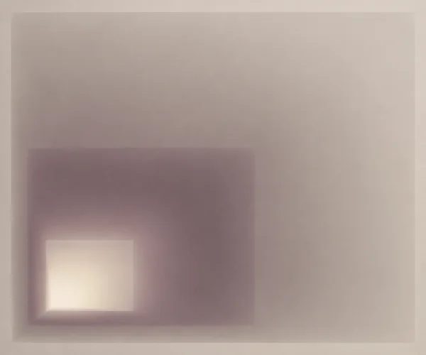 Minimal abstract artwork with broad warm grey rectangular fields, a dusty plum inset, and a pale cream opening positioned toward the lower left.