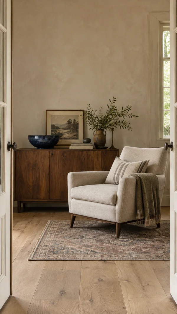 A cream linen lounge chair with a striped cushion and draped throw sits on a worn patterned rug beside a walnut cabinet topped with a dark blue bowl, books, a…