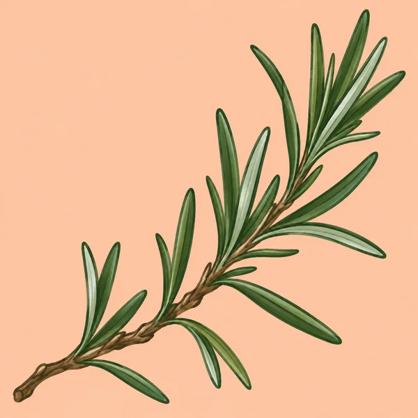 A single rosemary sprig with a kinked brown stem and long green needle-like leaves sweeps diagonally across a flat peach background, leaving open space in the…