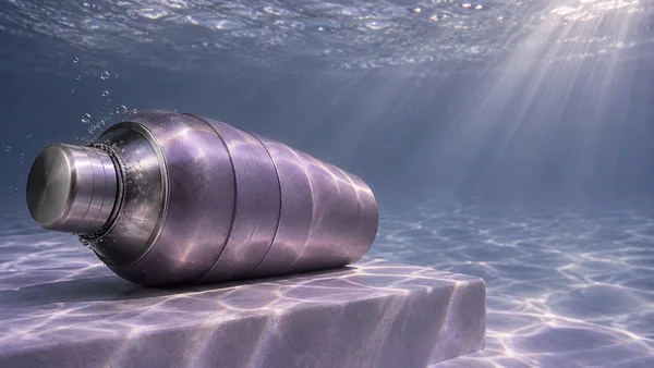 A satin lilac metallic cocktail shaker rests diagonally on a pale lavender platform underwater, with its round capped end facing left toward the camera.
