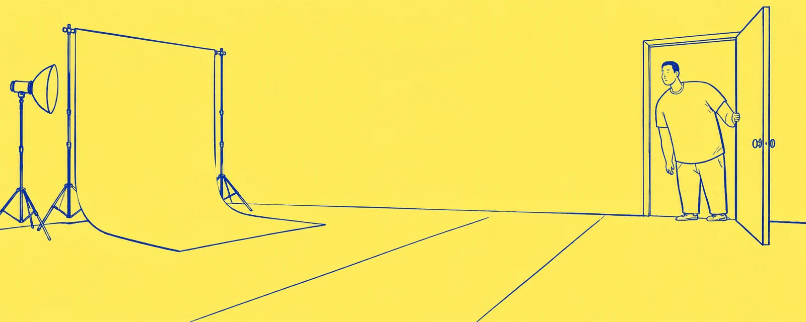 A cobalt line illustration on a lemon-yellow ground shows a person stepping through an open door into a mostly empty photography studio.