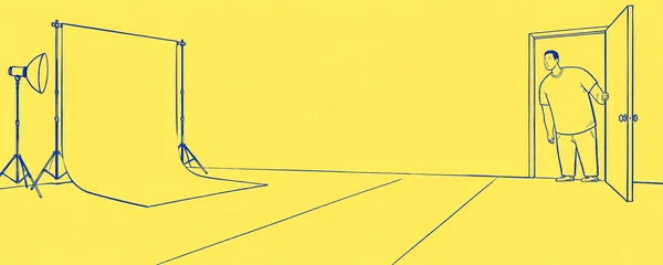 A cobalt line illustration on a lemon-yellow ground shows a person stepping through an open door into a mostly empty photography studio.