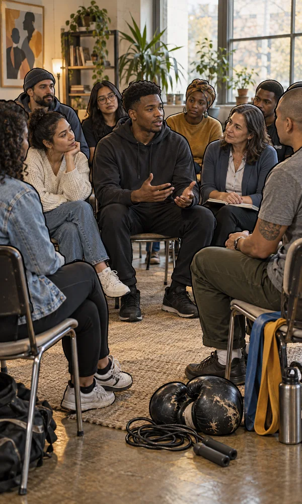 A diverse group sits closely together in a warmly lit room, listening to a man speaking from the center.