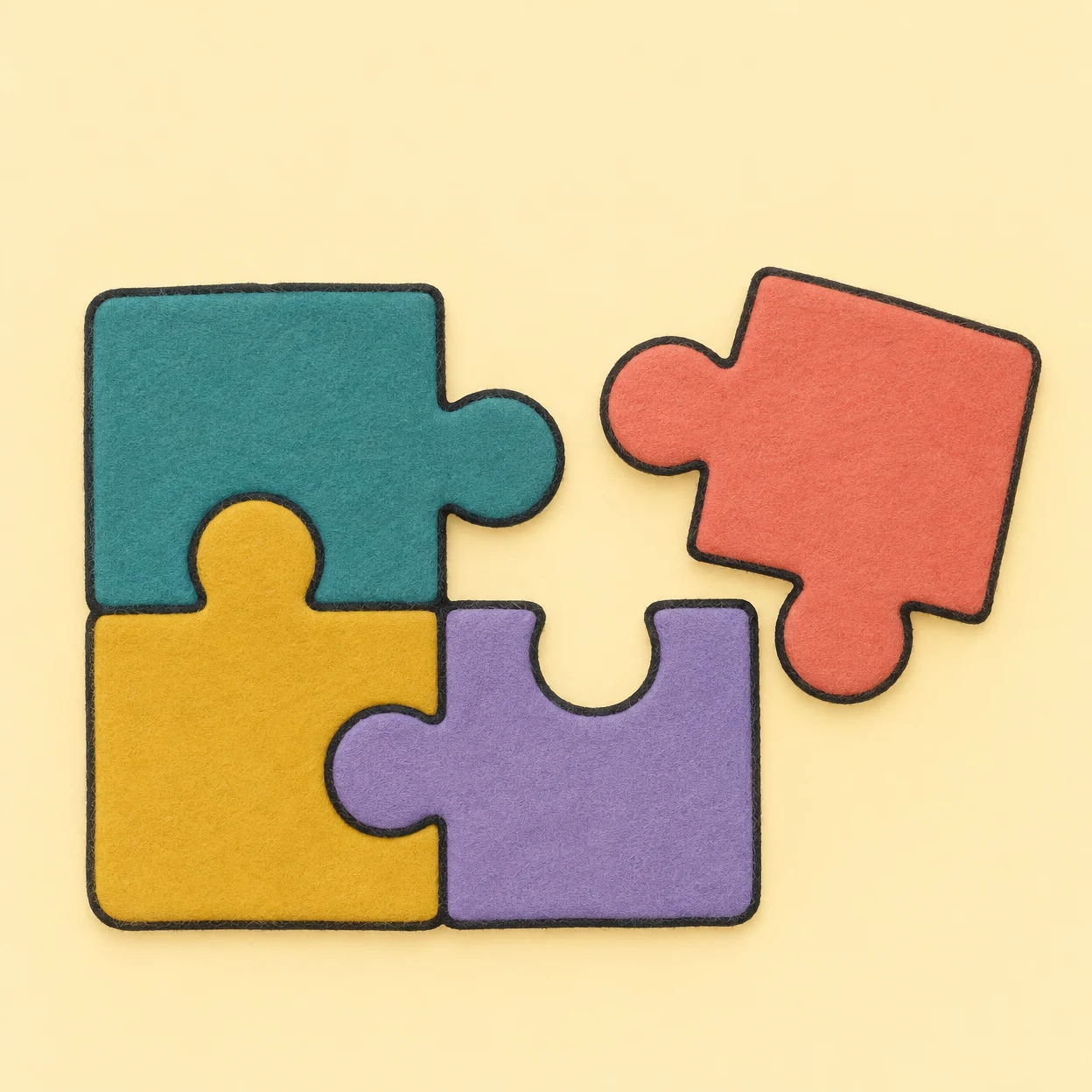 An overhead illustration shows teal, mustard and lavender jigsaw pieces interlocked on a warm cream background, with a rotated coral piece set beside them.