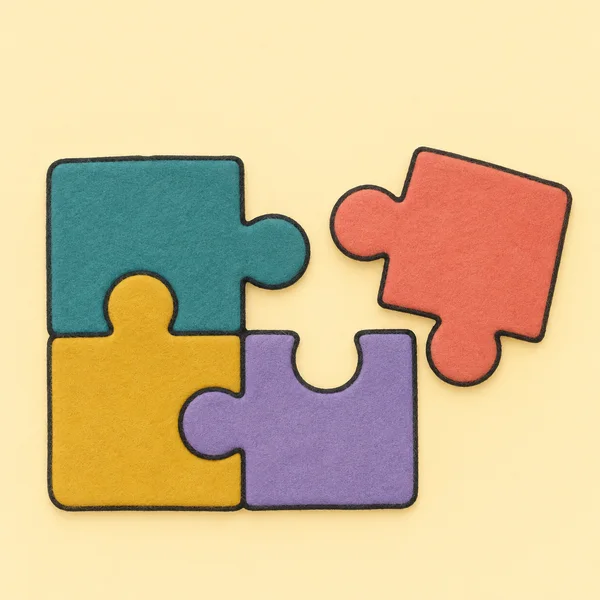 An overhead illustration shows teal, mustard and lavender jigsaw pieces interlocked on a warm cream background, with a rotated coral piece set beside them.