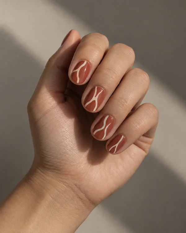 A curled hand with four short, rounded terracotta-painted fingernails decorated with branching ivory strokes, against a warm-grey studio background.