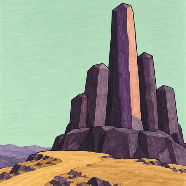 A hand-drawn marker-style illustration of tall, angular purple basalt columns rising from a broad rocky base beside an ochre path and viewing ledge, beneath a…