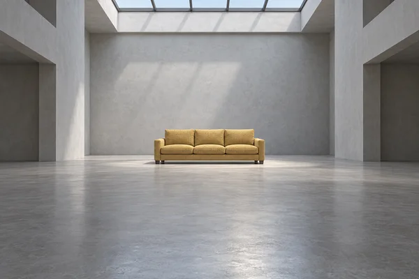 A mustard-yellow three-seat sofa sits centered in a spacious, empty grey showroom beneath a glass skylight, with a broad expanse of polished floor in the…